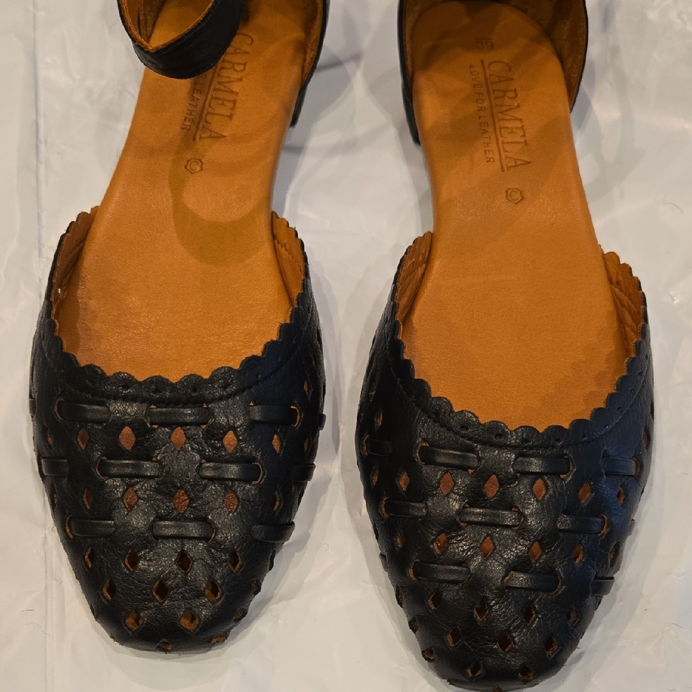 Carmela Black Leather Woven Flat  Shoes Sz 39  (SZ 9)